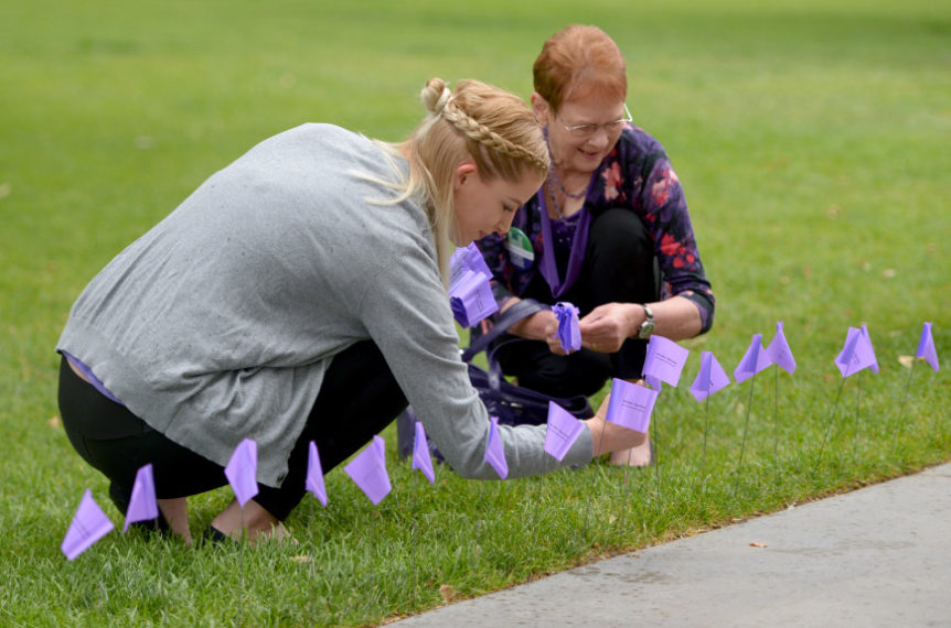 Two women kneeling, inserting small elder abuse awareness flags in grass